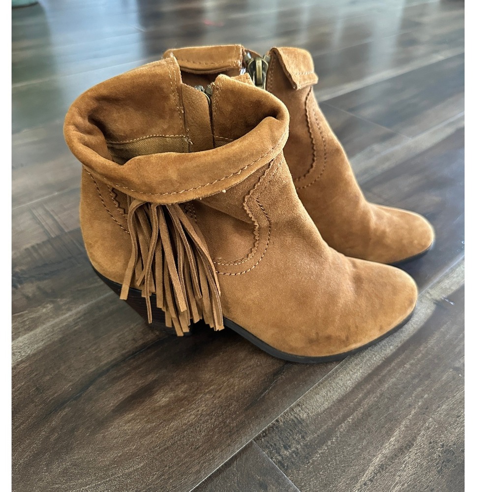 Sam Edelman Brown Suede Fringe Ankle Boots Western Stacked Heel Booties